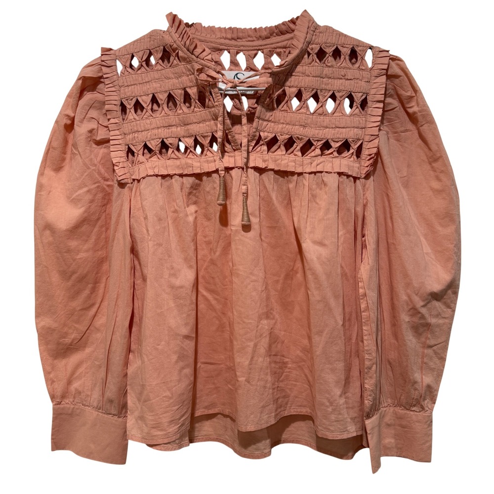 Self Contrast Anthropologie Puff-Sleeve Cotton‎ Blouse S Small Peach Coral Boho - Picture 2 of 12